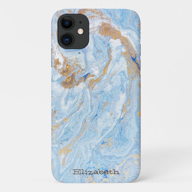 Capa Para iPhone 11 Textura de pedra de mármore azul com brilho dourad (Verso)