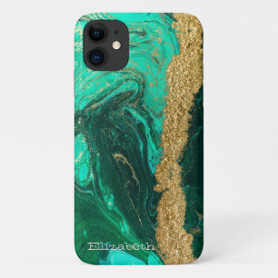 Capa Para iPhone 11 Textura de Pedra Mármore Verde Brilho Dourado