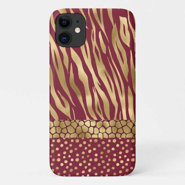 Capa Para iPhone 11 Tiger Chic Burgundy Dourada Chic Na moda (Verso)