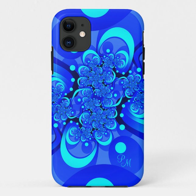 Capa Para iPhone 11 Tons Azuis, Arte Fractal Abstrata Moderna Inicial (Verso)