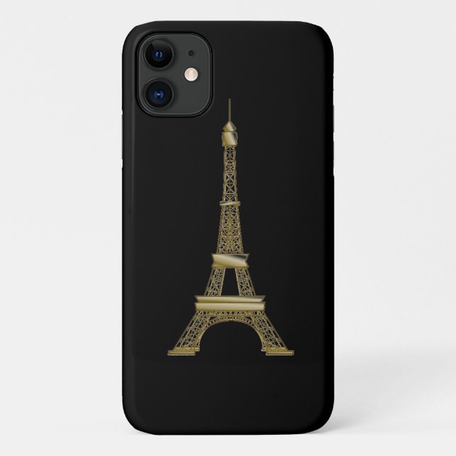Capa Para iPhone 11 Torre Eiffel Dourada preto francês (Verso)