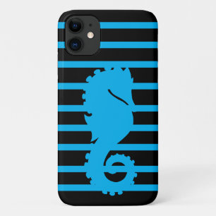 Capa Para iPhone 11 Trendy Legal Azul Cavalo-Marinho Blue Stripe Preto