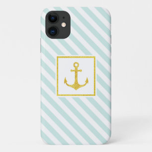 Capa Para iPhone 11 Trendy Náutica Stripes Faux Glitter Anchor