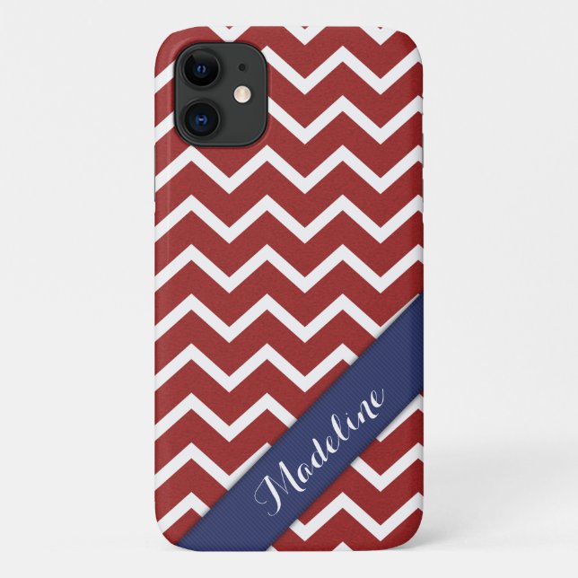 Capa Para iPhone 11 Trendy Red White Chevron Blue Ribbon (Verso)