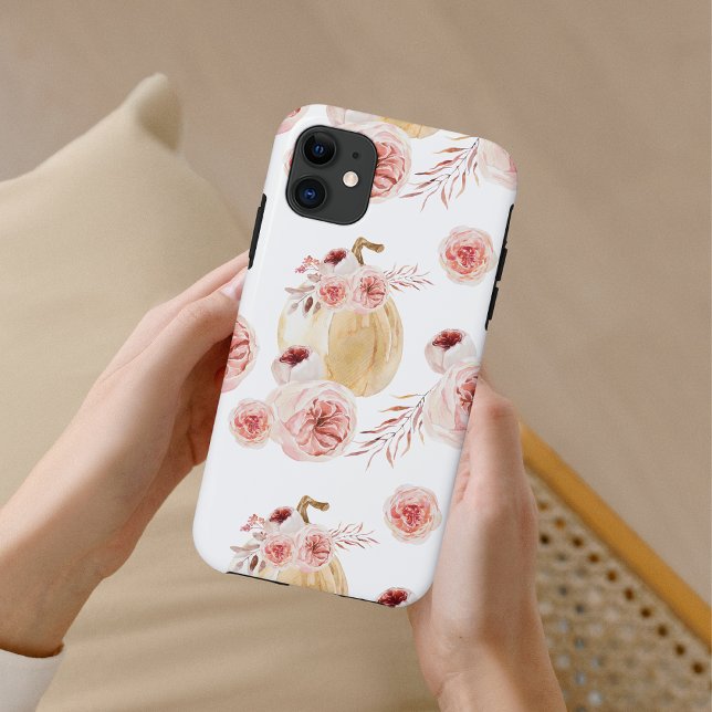 Capa Para iPhone 11 Trendy Watercolor Pumpkin & Flowers | outono (Criador carregado)