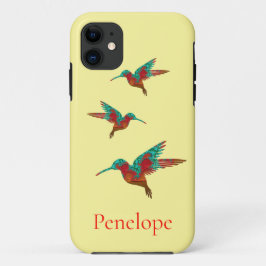 Capa Para iPhone 11 Três Aves Selvagens Fractais Teais e Vermelhas com