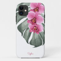 Tropical Floral de Orquídeas Rosa Quente com Seu N