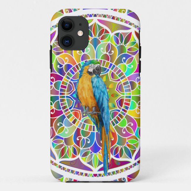 Capa Para iPhone 11 Tropical Mosaic – Blue & Gold Macaw Mandala (Verso)
