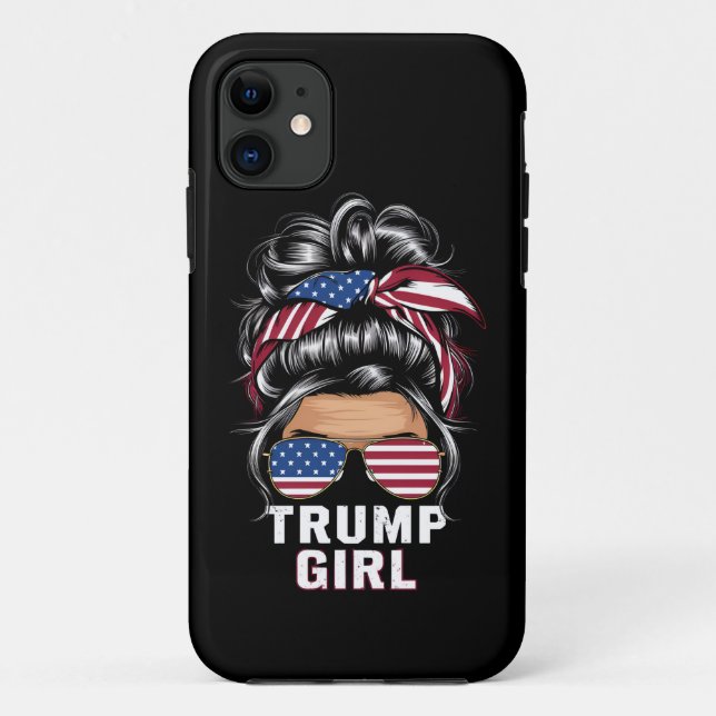 Capa Para iPhone 11 Trump Girl Messy Bun USA Flag Trump 2024 Election (Verso)