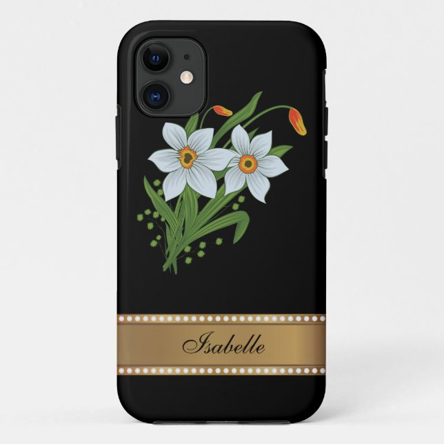 Capa Para iPhone 11 Tulipas e Narcisos Nome Personalizado Dourado (Verso)