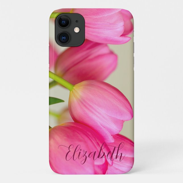 Capa Para iPhone 11 Tulipas Rosa Personalizar (Verso)