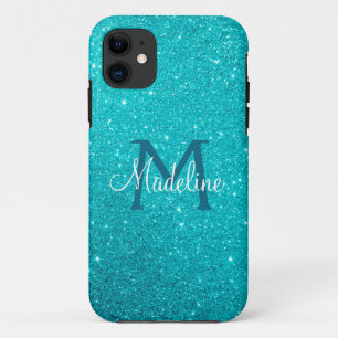 Capa Para iPhone 11 Turquesa Azul Teal Azul Estimulado Monograma