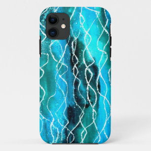 Capa Para iPhone 11 Turquesa brilhante, ondas brancas e pretas