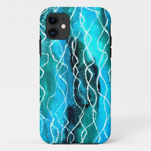 Capa Para iPhone 11 Turquesa brilhante, ondas brancas e pretas (Verso)
