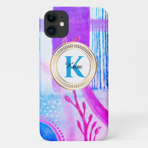 Capa Para iPhone 11 Turquesa de Monograma Azul-Cinzento Personalizado