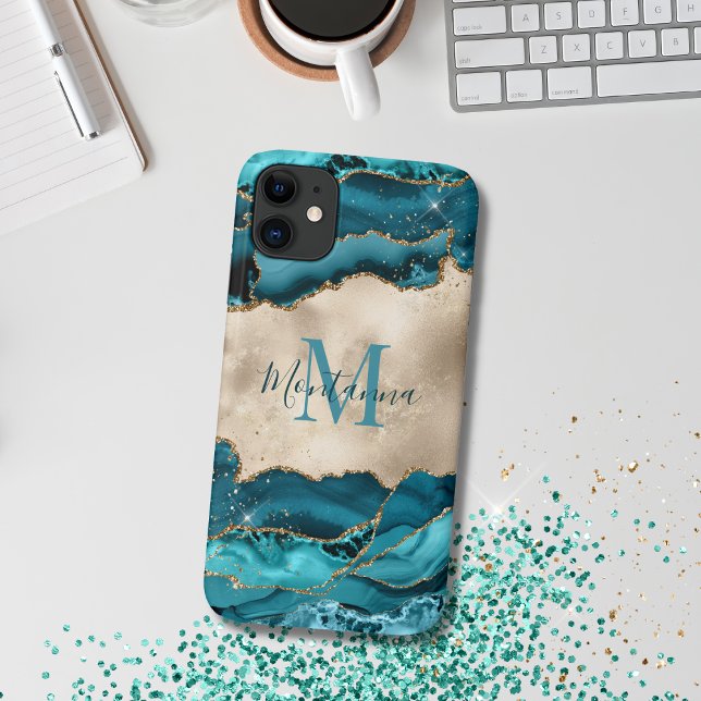 Capa Para iPhone 11 Turquesa de Teal Girino e Monograma de Pedra Agata (Teal agate phone cover)