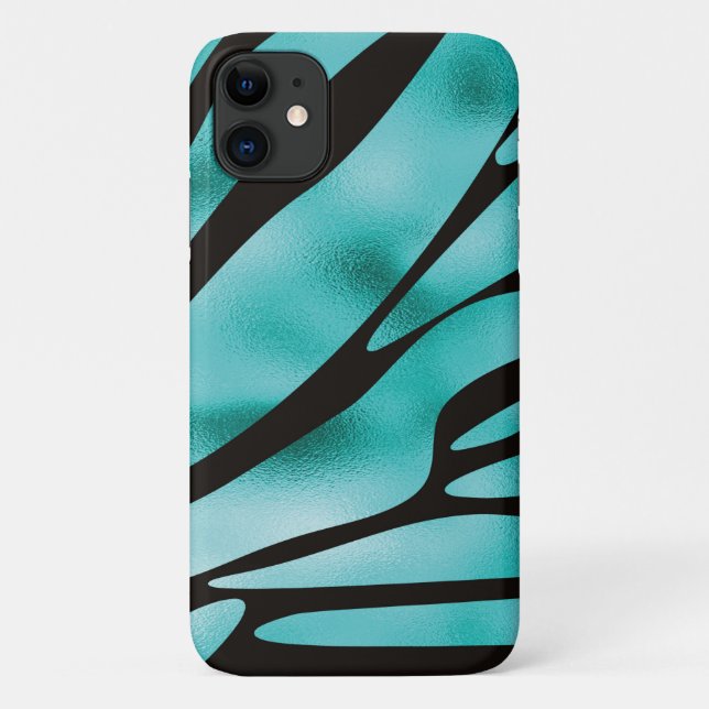 Capa Para iPhone 11 Turquesa e Black Zebra Animal Stripes (Verso)