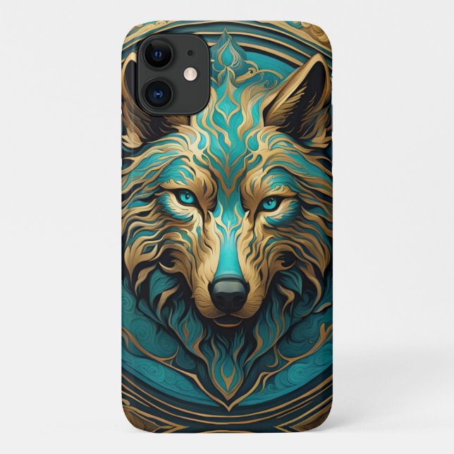 Capa Para iPhone 11 Turquesa e Lobo Dourado (Verso)