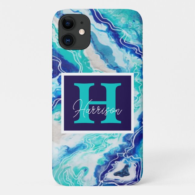 Capa Para iPhone 11 Turquesa e Monograma Azul Marble Nome Beachê (Verso)