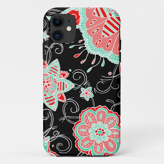 Capa Para iPhone 11 Turquesa & floral vermelho (Verso)