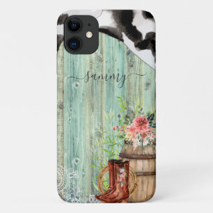 Capa Para iPhone 11 Turquesa Rústica Ocidental de Couro de Vaca