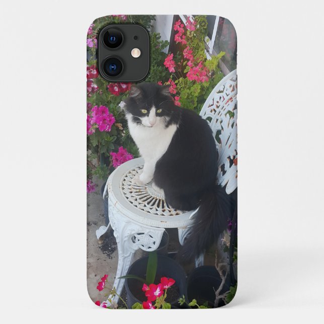 Capa Para iPhone 11 Tuxedo Cat Flowers Bonito Gatos Gatos Cartão de An (Verso)