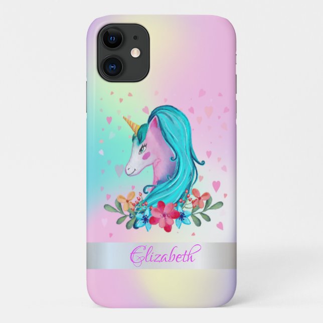 Capa Para iPhone 11 Unicórnio Aquarela,Flores,Corações,Holográfico (Verso)