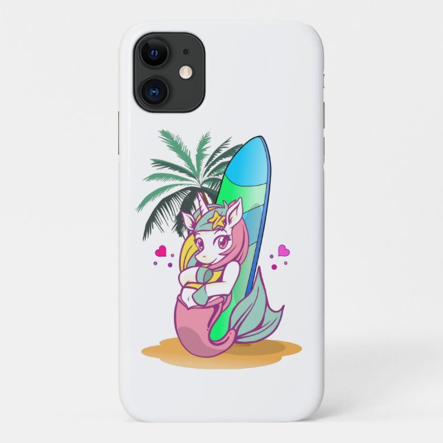 Capa Para iPhone 11 Unicórnio com prancha na praia (Verso)