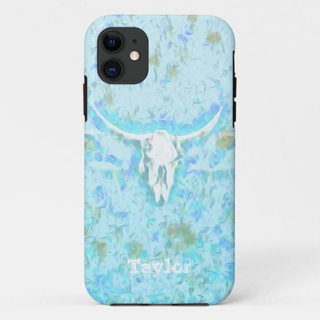 Capa Para iPhone 11 Vaca Ocidental Cull Teal Blue Floral Girassol (Verso)