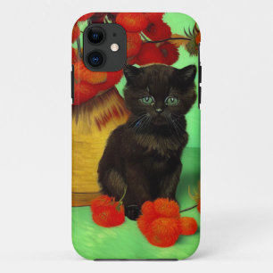 Capa Para iPhone 11 Van Gogh Black Kitten Red Flowers