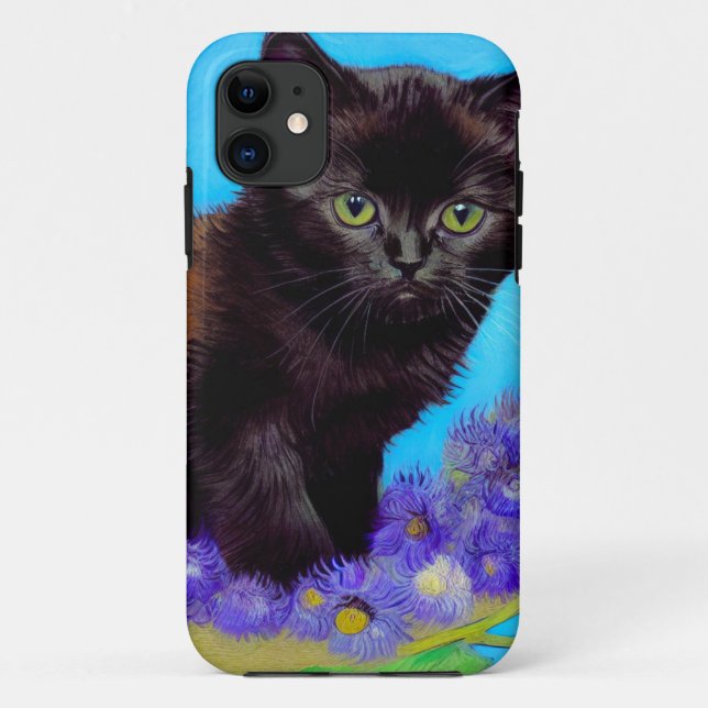 Capa Para iPhone 11 Van Gogh Cat e Flores (Verso)