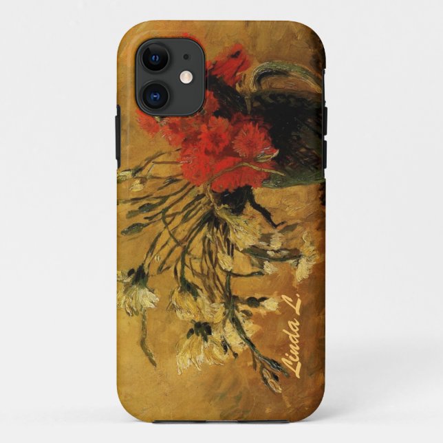 Capa Para iPhone 11 vaso com cravos vermelhos e brancos, van Gogh (Verso)