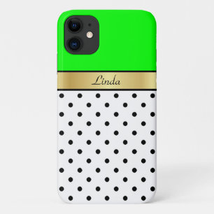 Capa Para iPhone 11 Verde limão, Bolinhas brancas e pretas. Nome Pers