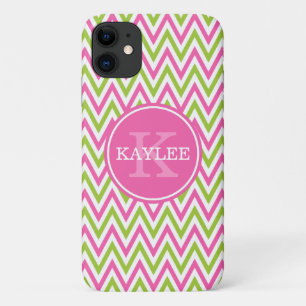 Capa Para iPhone 11 Verde limão rosa moderno Chevron e Monograma