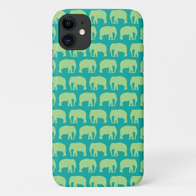 Capa Para iPhone 11 Verde-Padrão de Elefante-Hipster Bonito (Verso)