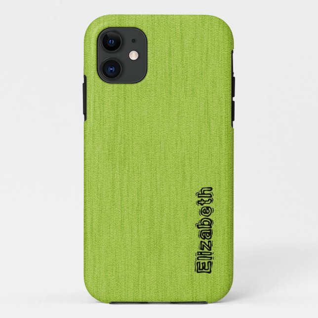 Capa Para iPhone 11 Verde plano com monograma de grão de madeira (Verso)