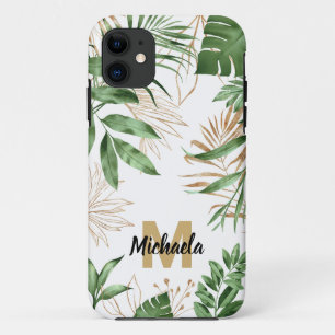 Capa Para iPhone 11 Verde tropical Chic Summer e Monograma Dourado