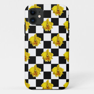 Capa Para iPhone 11 Verificações preto e branco com orquídea amarela
