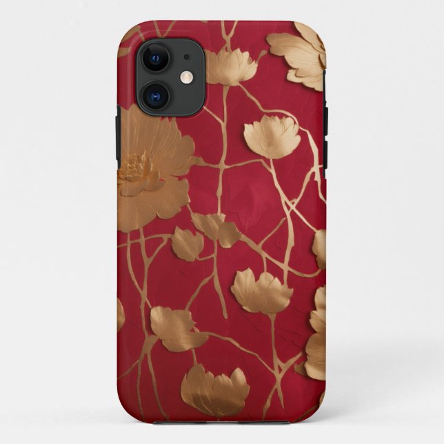 Capa Para iPhone 11 Vermelho com lótus dourado (Verso)
