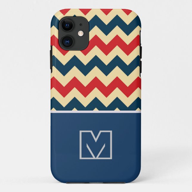 Capa Para iPhone 11 Vermelho e Azul Chevron Zigzag. Monograma Personal (Verso)