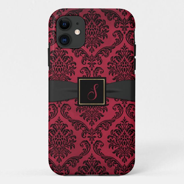 Capa Para iPhone 11 Vermelho Gótico e Damasco Preto Monograma (Verso)