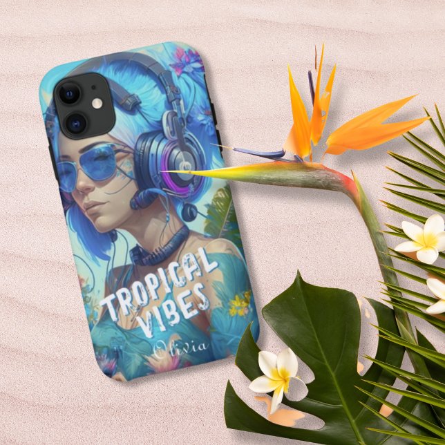 Capa Para iPhone 11 Víblias Tropicais Brancas Azuis Ilustração DJ Femi (Criador carregado)