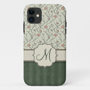 Capa Para iPhone 11 Videiras florais, listras e monograma da aguarela
