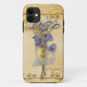 Capa Para iPhone 11 Vintage Belo Beige Flowers Secos com Nome