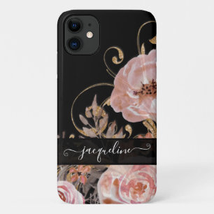 Capa Para iPhone 11 Vintage Black Rosa Dourado Elegante