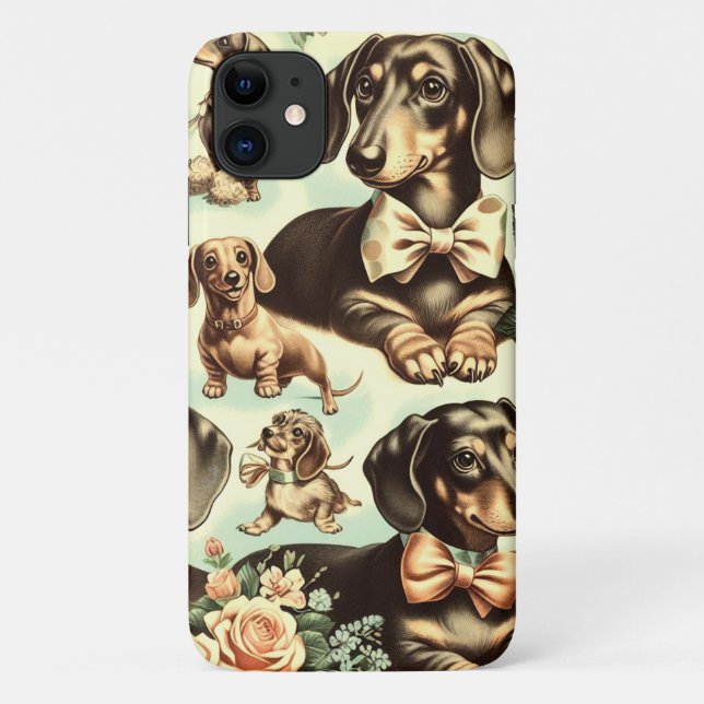 Capa Para iPhone 11 Vintage Dachshund Seamless (Verso)