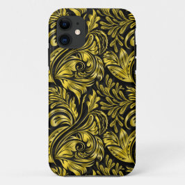 Capa Para iPhone 11 Vintage, elegante, floral, preto e dourado