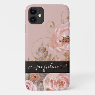 Capa Para iPhone 11 Vintage Elegante Floral Rosa Dourado Preto