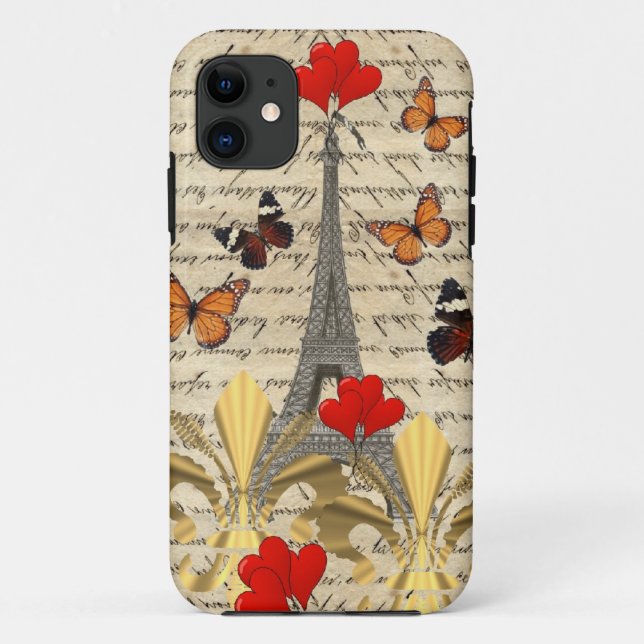 Capa Para iPhone 11 Vintage Paris & borboletas (Verso)