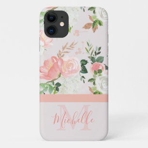 Capa Para iPhone 11 Vintage Pink Rose Monograma e Nome